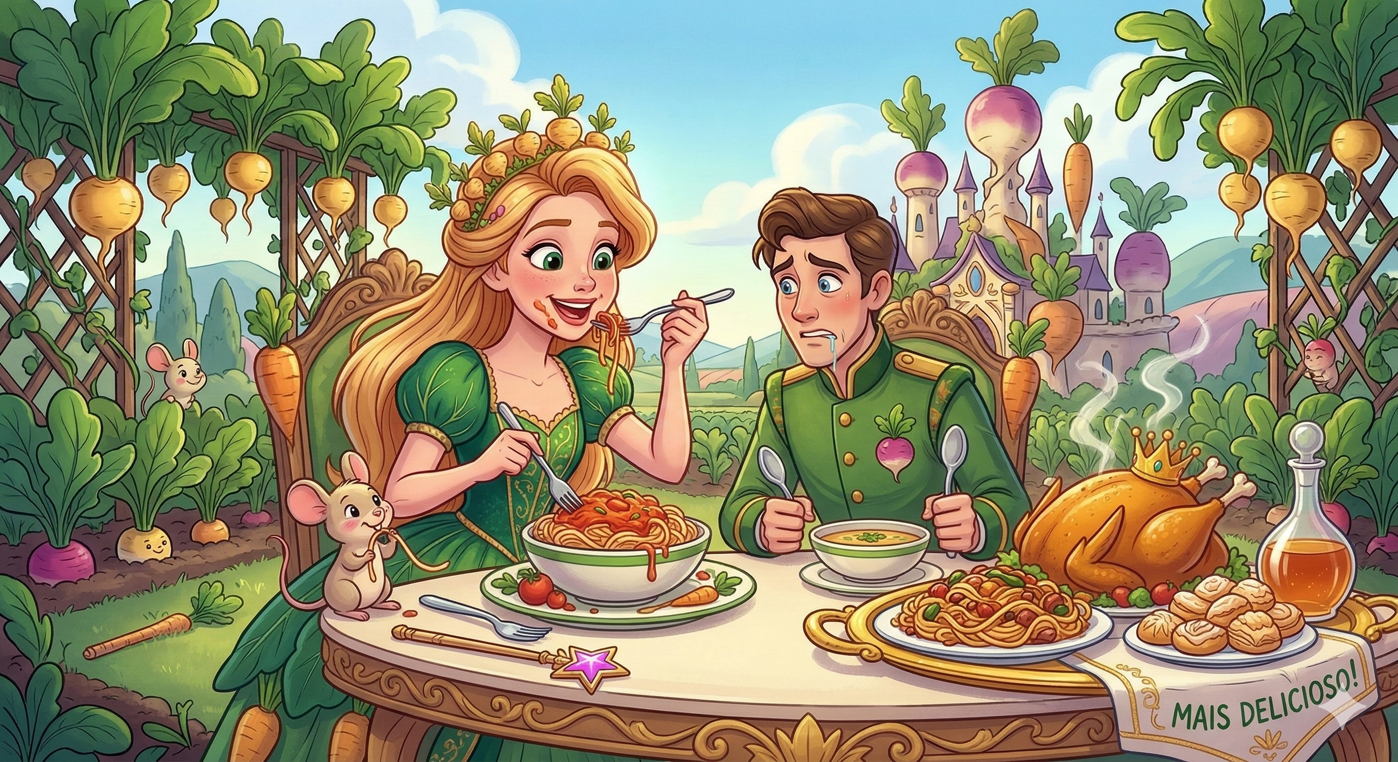 Princess Mary overeating at a garden feast while a worried royal companion watches.