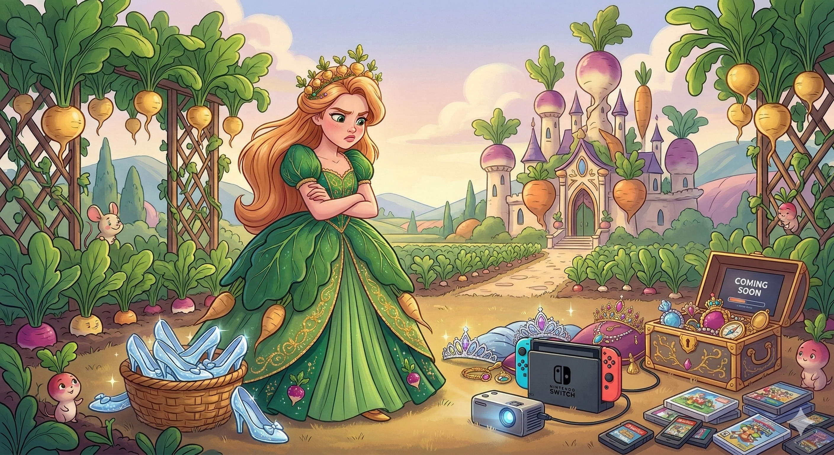 Princess Mary standing in a turnip garden beside coveted dresses, jewelry, and game treasures.